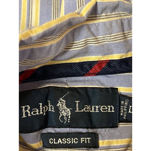 Polo Ralph Lauren Classic Fit Blue Yellow Stripe Dress Shirt Button Down Large - Picture 6 of 7